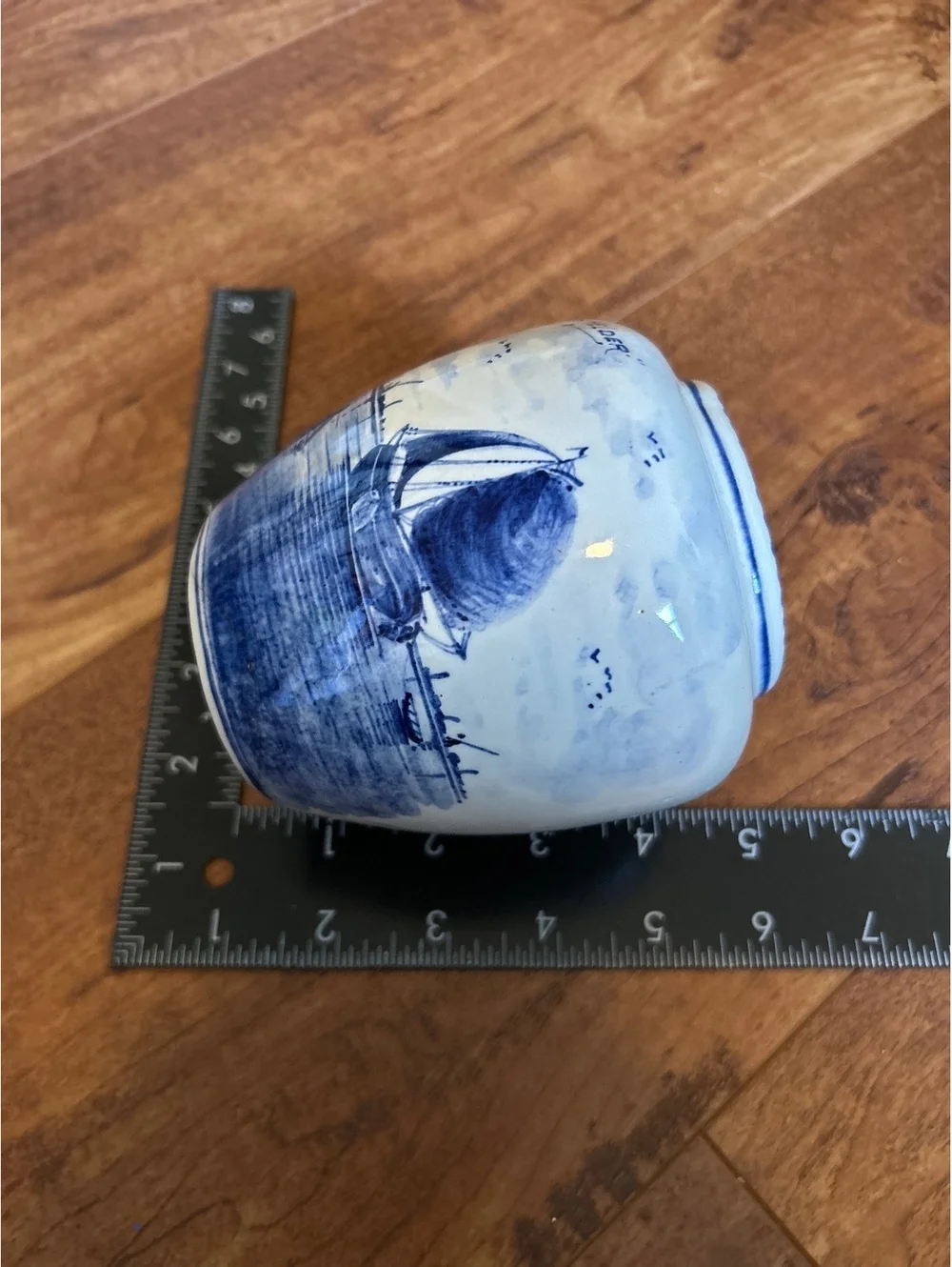 Vintage Delft Blue Ceramic Vase with Sailing Ship and Floral Design